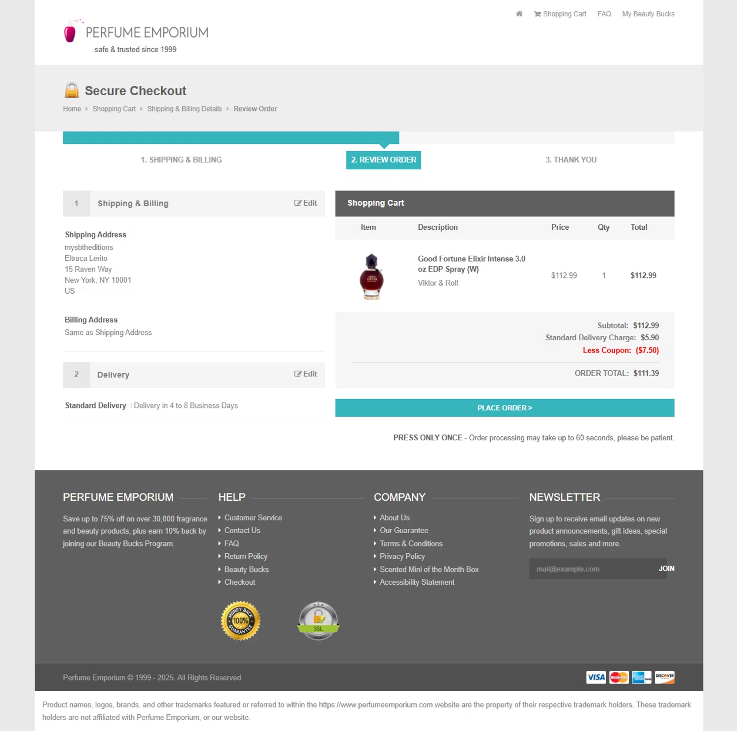 Perfume Emporium checkout page showing Perfume Emporium promo code box | Screenshot taken by SimplyCodes community member on Oct 23, 2025