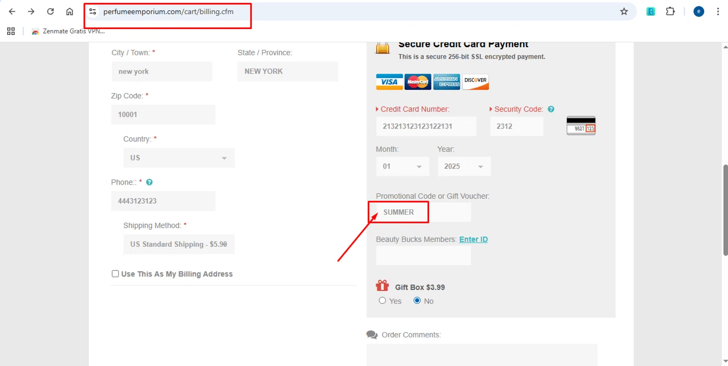 Perfume Emporium promo code screenshot showing code SUMMER applied at Perfume Emporium checkout page. Uploaded by SimplyCodes community member victorchirino1 on Aug 18, 2025
