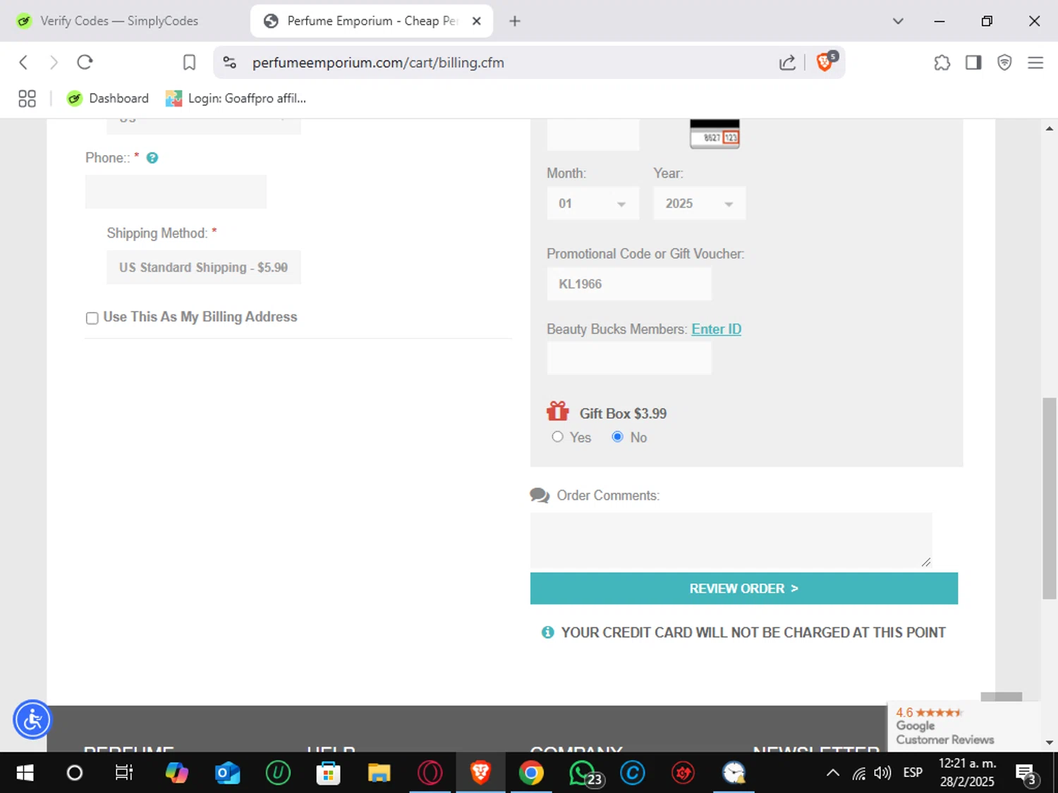 Perfume Emporium promo code screenshot showing code KL1966 applied at Perfume Emporium checkout page. Uploaded by SimplyCodes community member Sungjinwoo on Feb 28, 2025