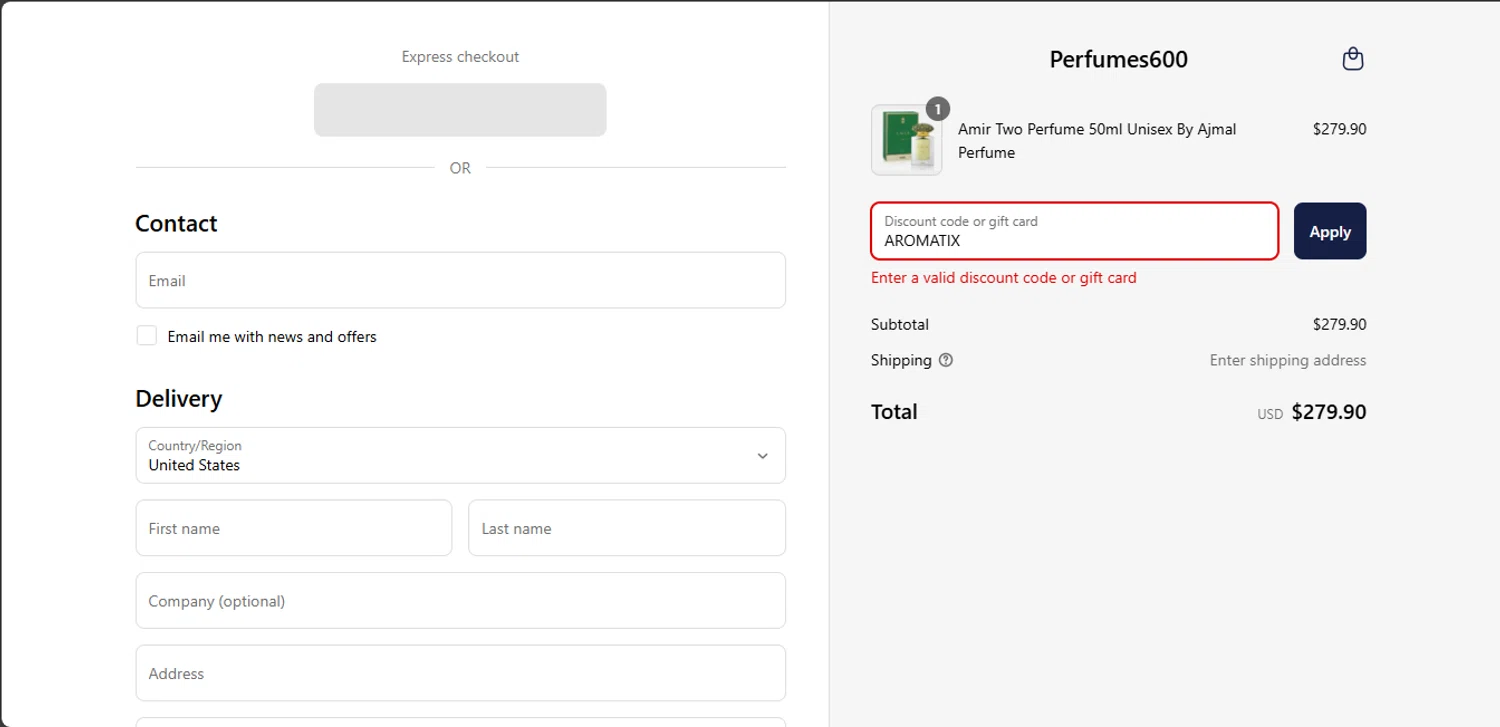 Perfumes600 promo code screenshot showing code AROMATIX applied at Perfumes600 checkout page. Uploaded by SimplyCodes community member NobleHunter6751 on Apr 2, 2025