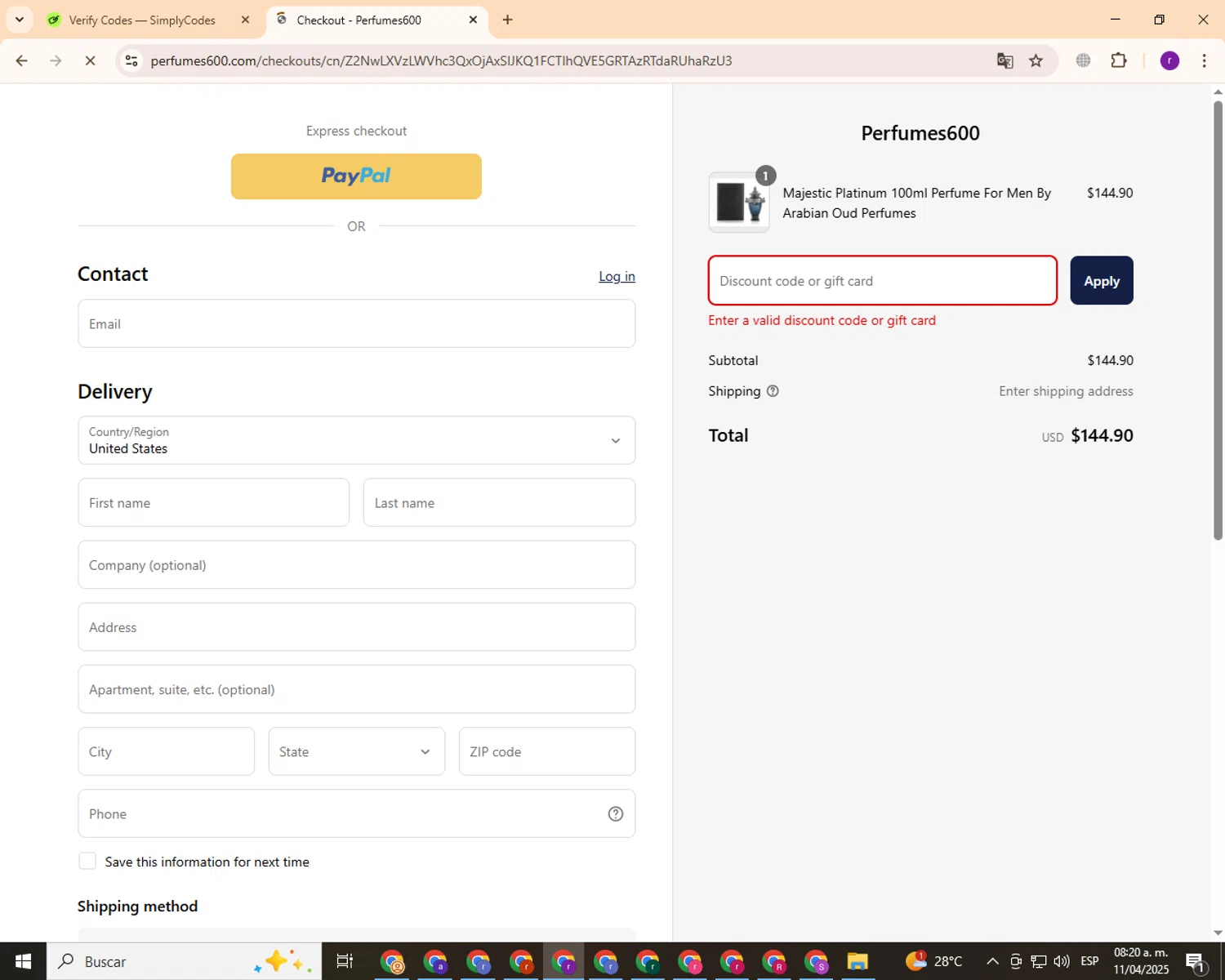 Perfumes600 promo code screenshot showing code THEBENN applied at Perfumes600 checkout page. Uploaded by SimplyCodes community member ThriftyCaptain4977 on Apr 11, 2025