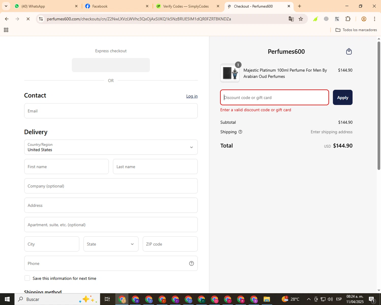 Perfumes600 promo code screenshot showing code THEBENN applied at Perfumes600 checkout page. Uploaded by SimplyCodes community member ashe1986 on Apr 11, 2025