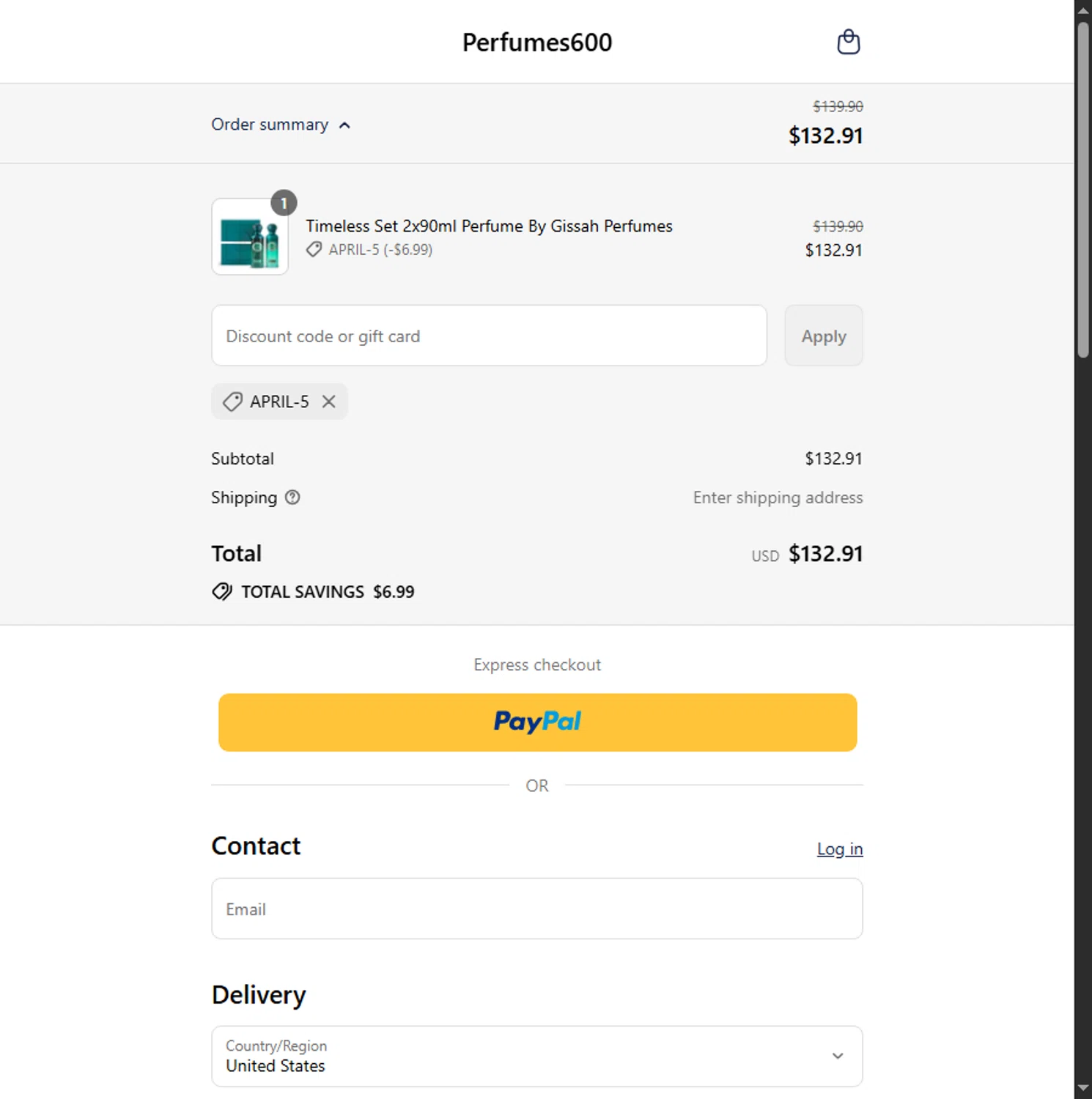 Perfumes600 promo code screenshot showing code April-5 applied at Perfumes600 checkout page. Uploaded by SimplyCodes community member BeaMartinez on Aug 4, 2025