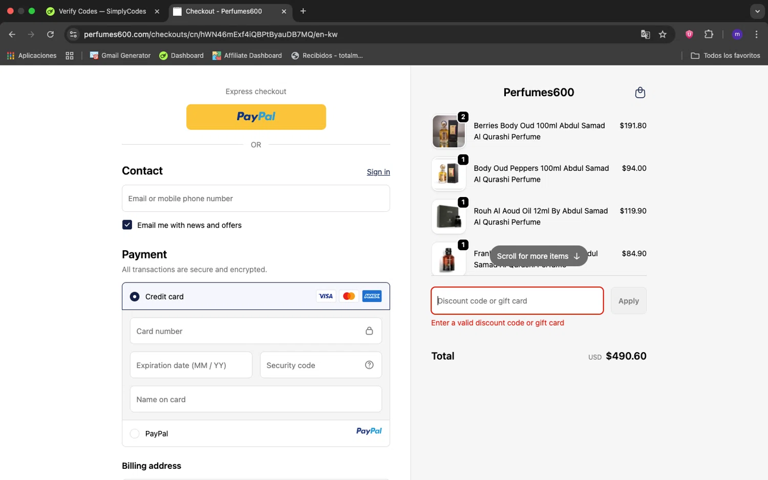 Perfumes600 promo code screenshot showing code April-10 applied at Perfumes600 checkout page. Uploaded by SimplyCodes community member 1234ely on Oct 14, 2025