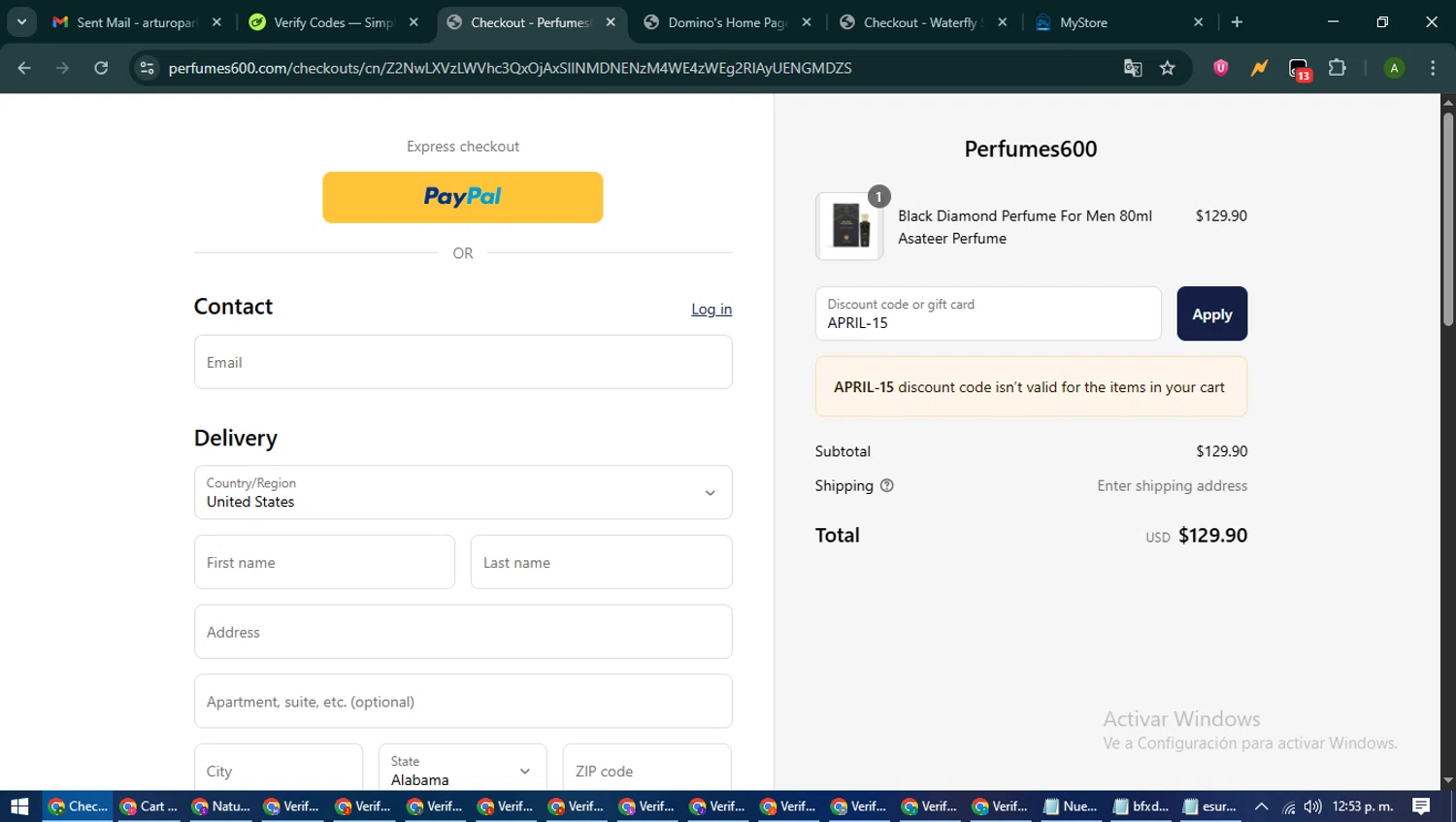 Perfumes600 promo code screenshot showing code APRIL-15 applied at Perfumes600 checkout page. Uploaded by SimplyCodes community member CashLynx5338 on Jun 25, 2025