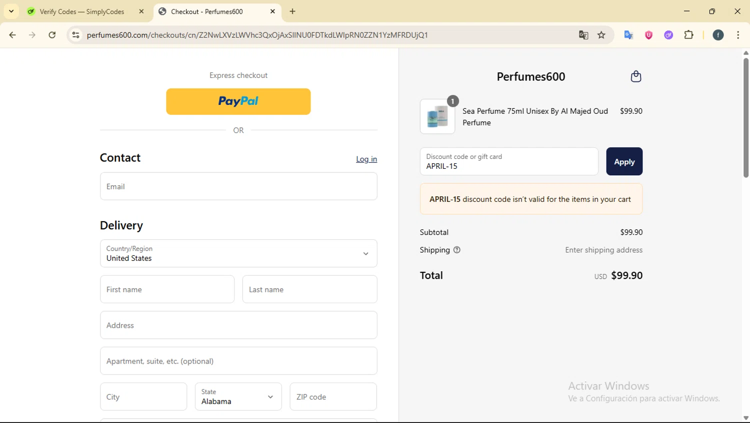 Perfumes600 promo code screenshot showing code APRIL-15 applied at Perfumes600 checkout page. Uploaded by SimplyCodes community member SmartElite7457 on Jun 26, 2025