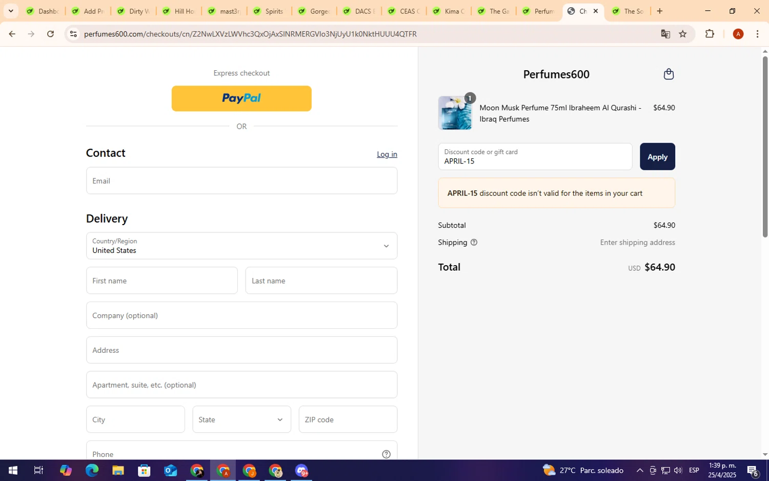 Perfumes600 promo code screenshot showing code APRIL-15 applied at Perfumes600 checkout page. Uploaded by SimplyCodes community member CryBabyy on Apr 25, 2025