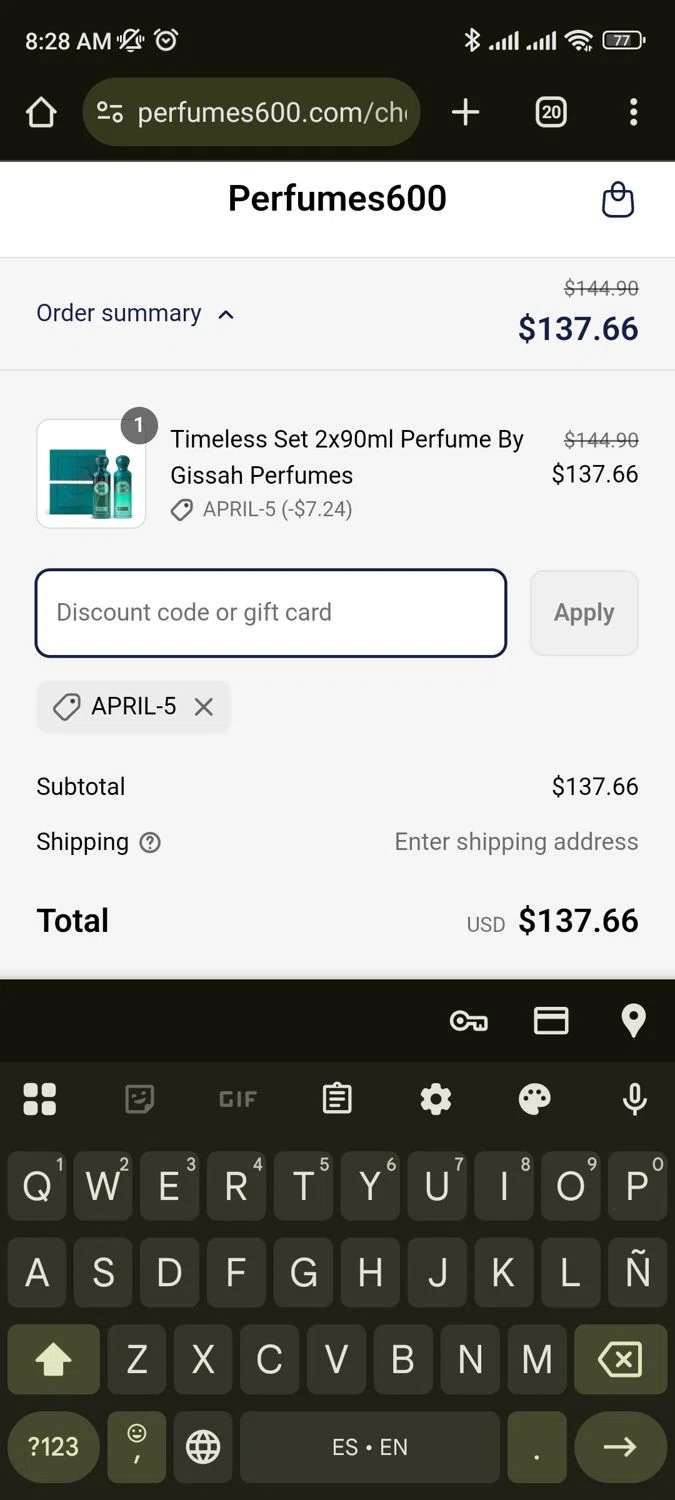 Perfumes600 promo code screenshot showing code April-5 applied at Perfumes600 checkout page. Uploaded by SimplyCodes community member carlosrivero on Apr 23, 2025