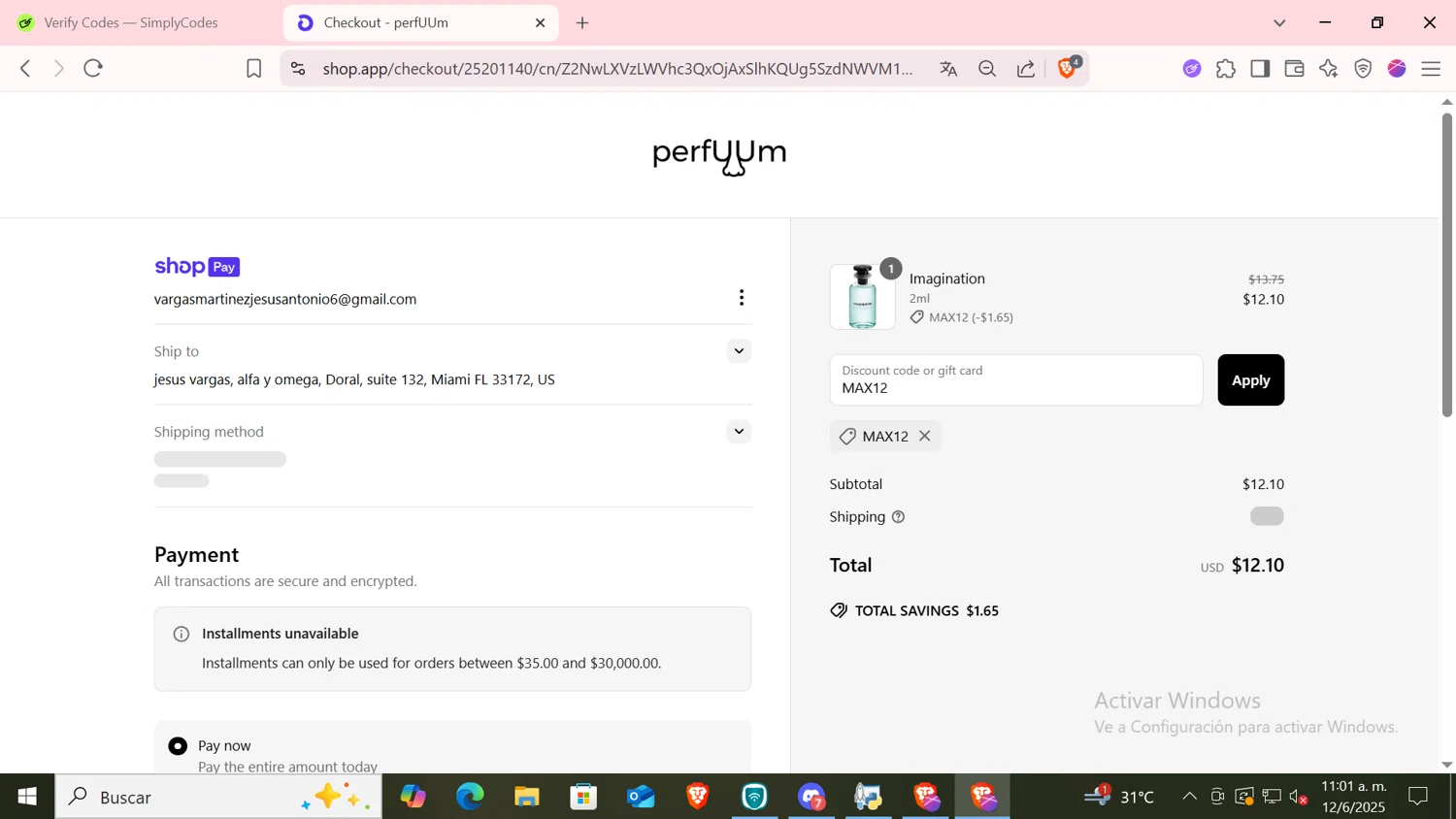 perfUUm discount code screenshot showing code MAX12 applied at perfUUm checkout page. Uploaded by SimplyCodes community member CODMOBILE2 on Jun 12, 2025