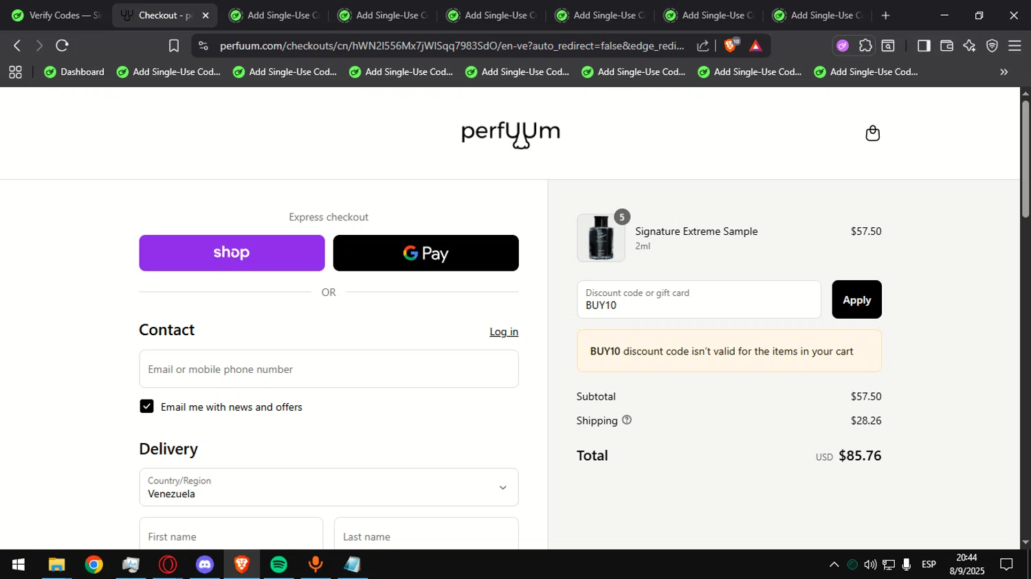 perfUUm discount code screenshot showing code BUY10 applied at perfUUm checkout page. Uploaded by SimplyCodes community member Ultrapapu on Sep 9, 2025