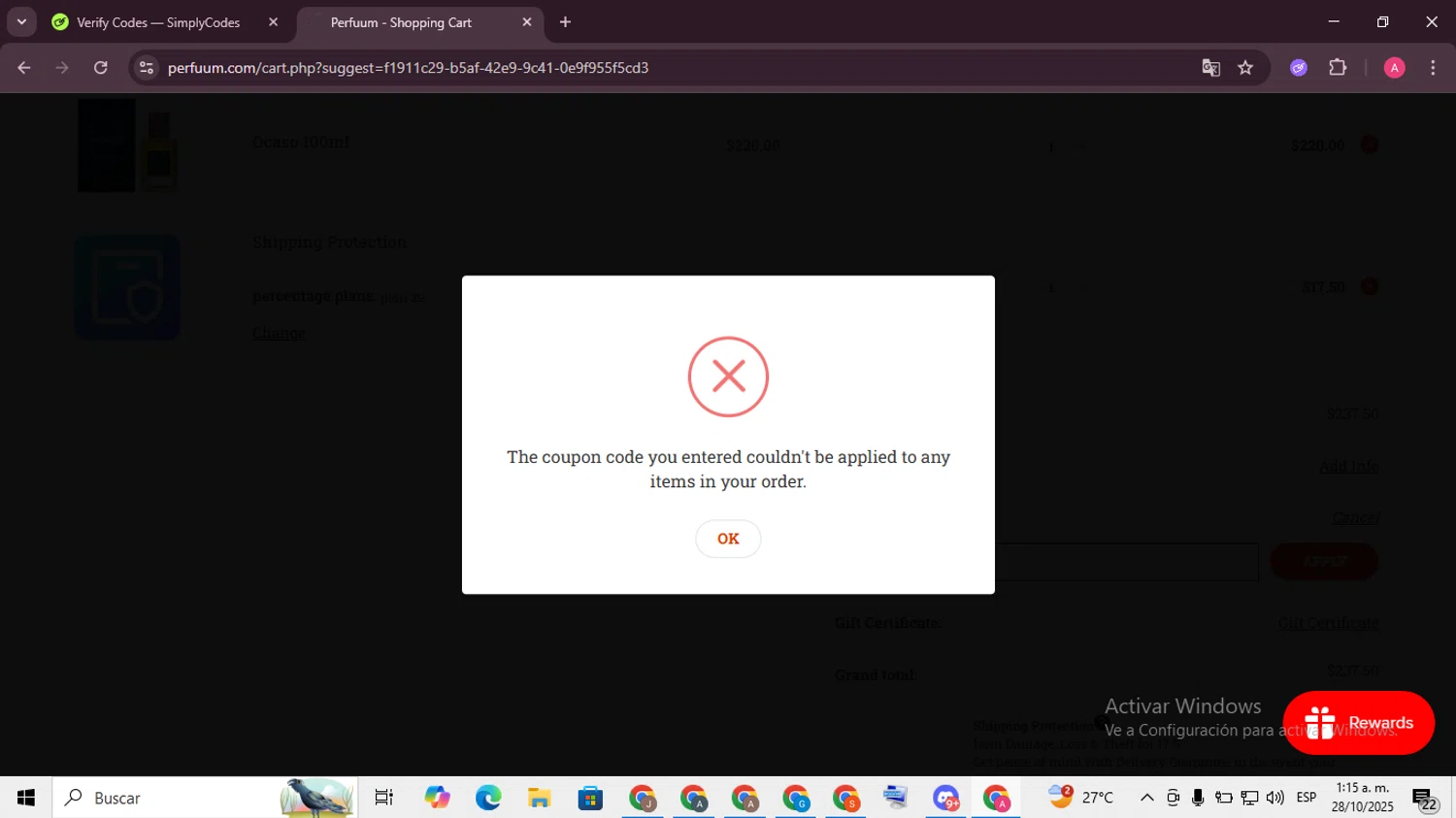 perfUUm discount code screenshot showing code BUY10 applied at perfUUm checkout page. Uploaded by SimplyCodes community member SaleScholar6713 on Oct 28, 2025