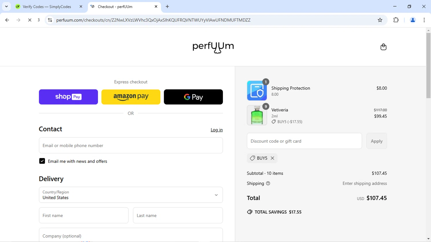 perfUUm discount code screenshot showing code BUY5 applied at perfUUm checkout page. Uploaded by SimplyCodes community member JoseVentura on Jun 12, 2025