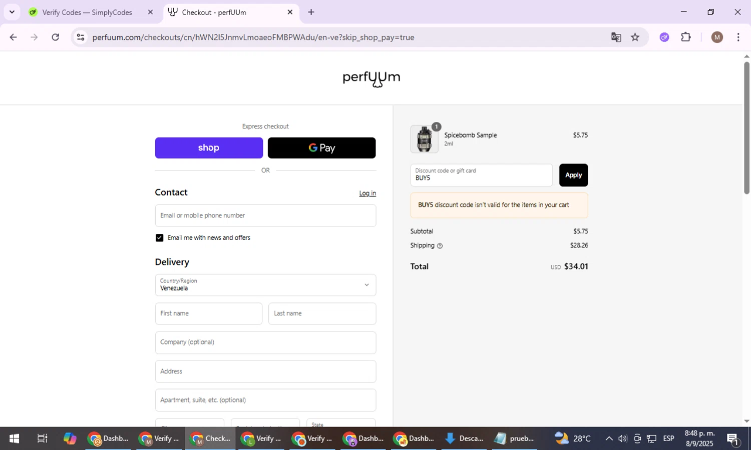 perfUUm discount code screenshot showing code BUY5 applied at perfUUm checkout page. Uploaded by SimplyCodes community member VoucherExpert8533 on Sep 9, 2025