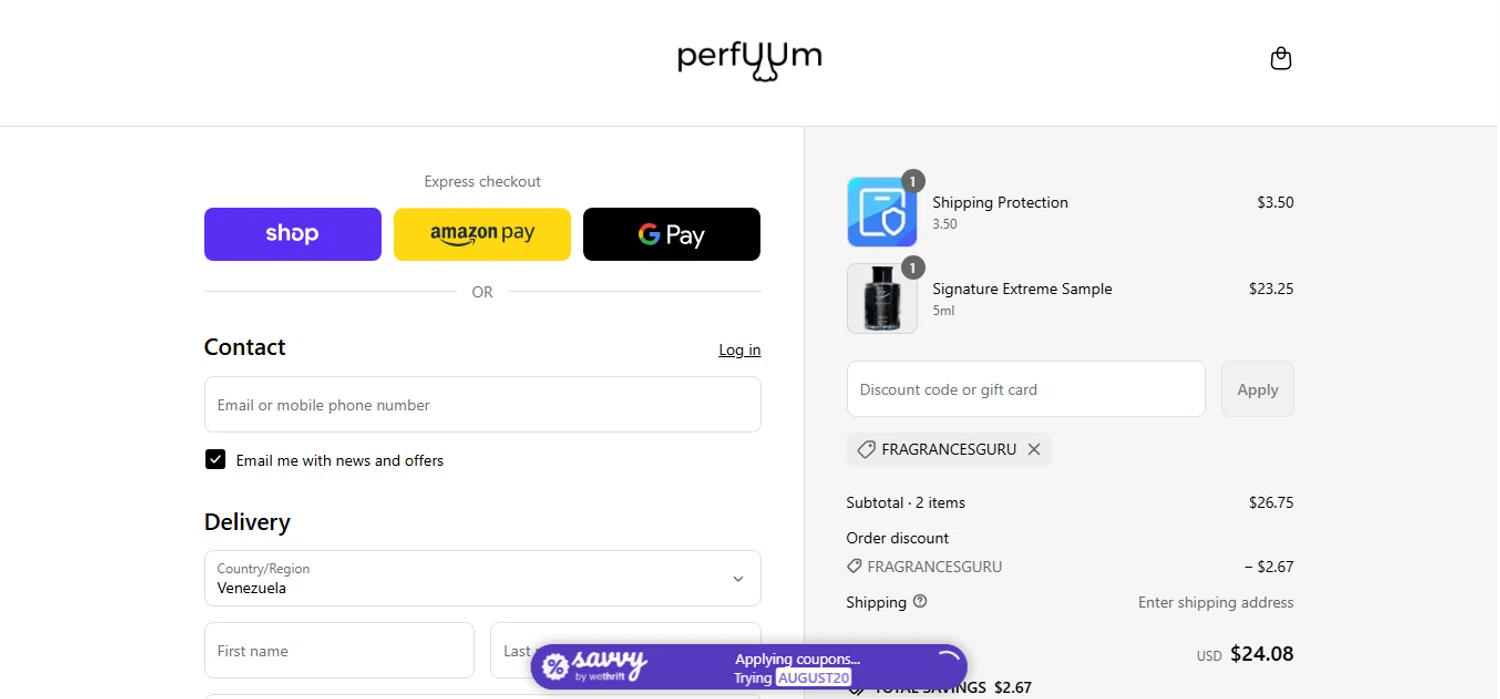 perfUUm discount code screenshot showing code FRAGRANCESGURU applied at perfUUm checkout page. Uploaded by SimplyCodes community member shark12 on Sep 8, 2025