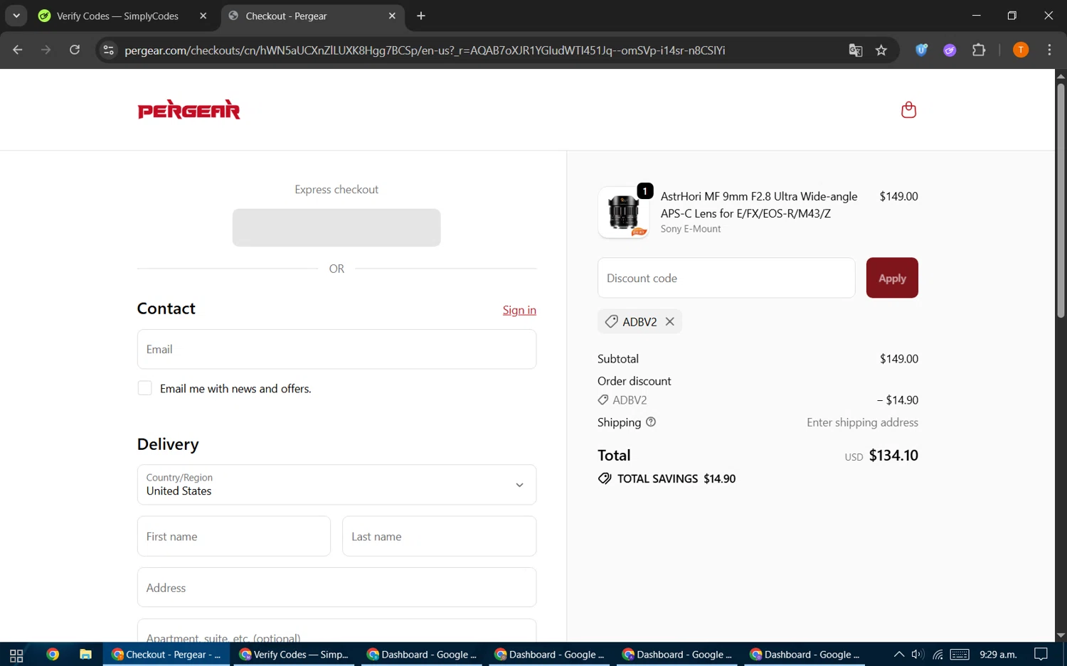 Pergear discount code screenshot showing code adbv2 applied at Pergear checkout page. Uploaded by SimplyCodes community member EpicHero3141 on Nov 22, 2025