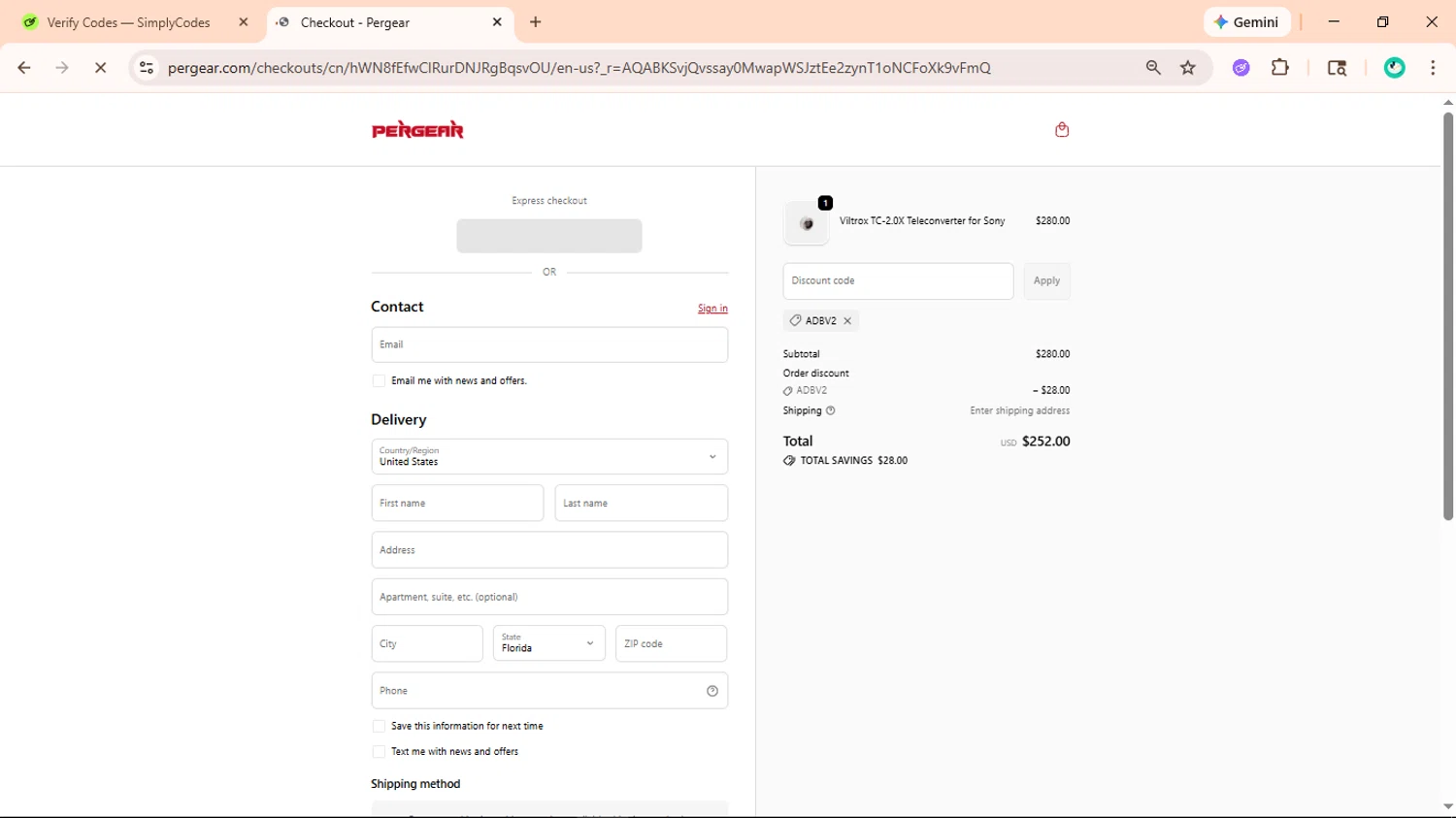 Pergear discount code screenshot showing code adbv2 applied at Pergear checkout page. Uploaded by SimplyCodes community member ShieldLegend9691 on Feb 11, 2026