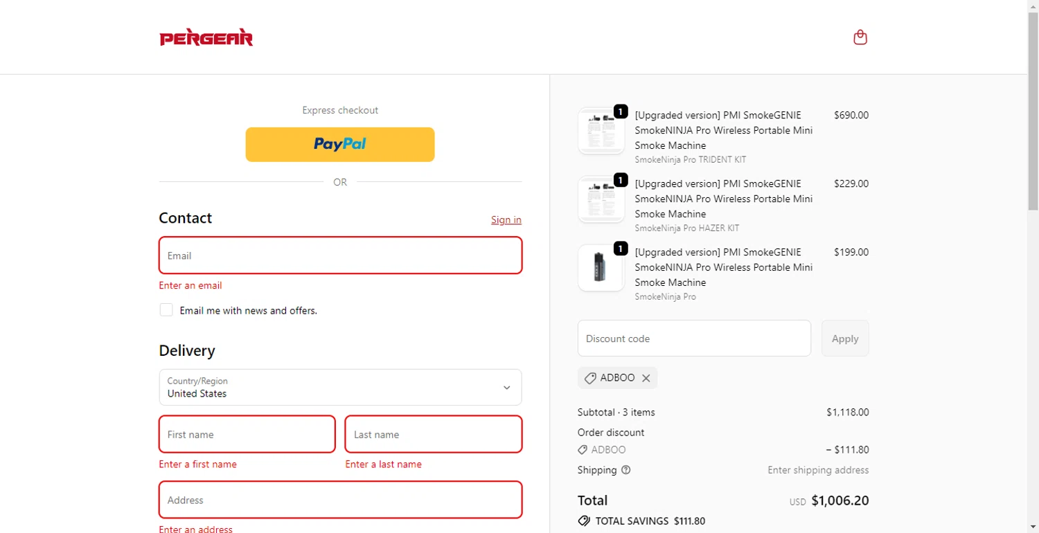 Pergear discount code screenshot showing code Adboo applied at Pergear checkout page. Uploaded by SimplyCodes community member LlonardoLotes on Oct 16, 2025