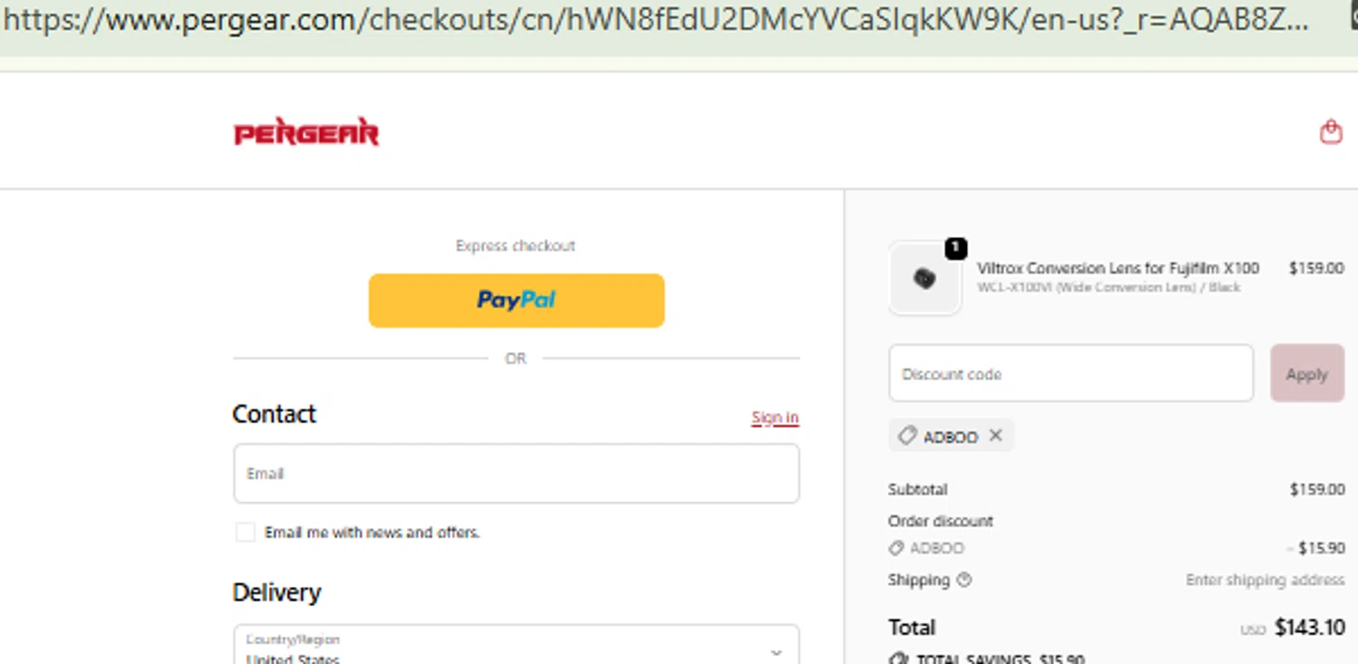 Pergear discount code screenshot showing code Adboo applied at Pergear checkout page. Uploaded by SimplyCodes community member RewardFinder4836 on Feb 11, 2026