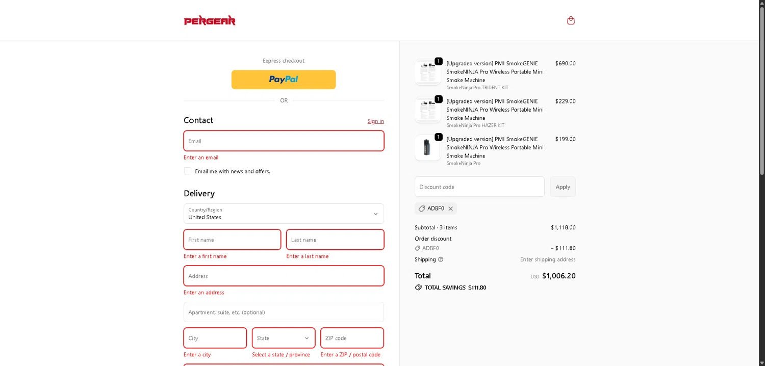 Pergear checkout page showing Pergear discount code box | Screenshot taken by SimplyCodes community member on Feb 11, 2026
