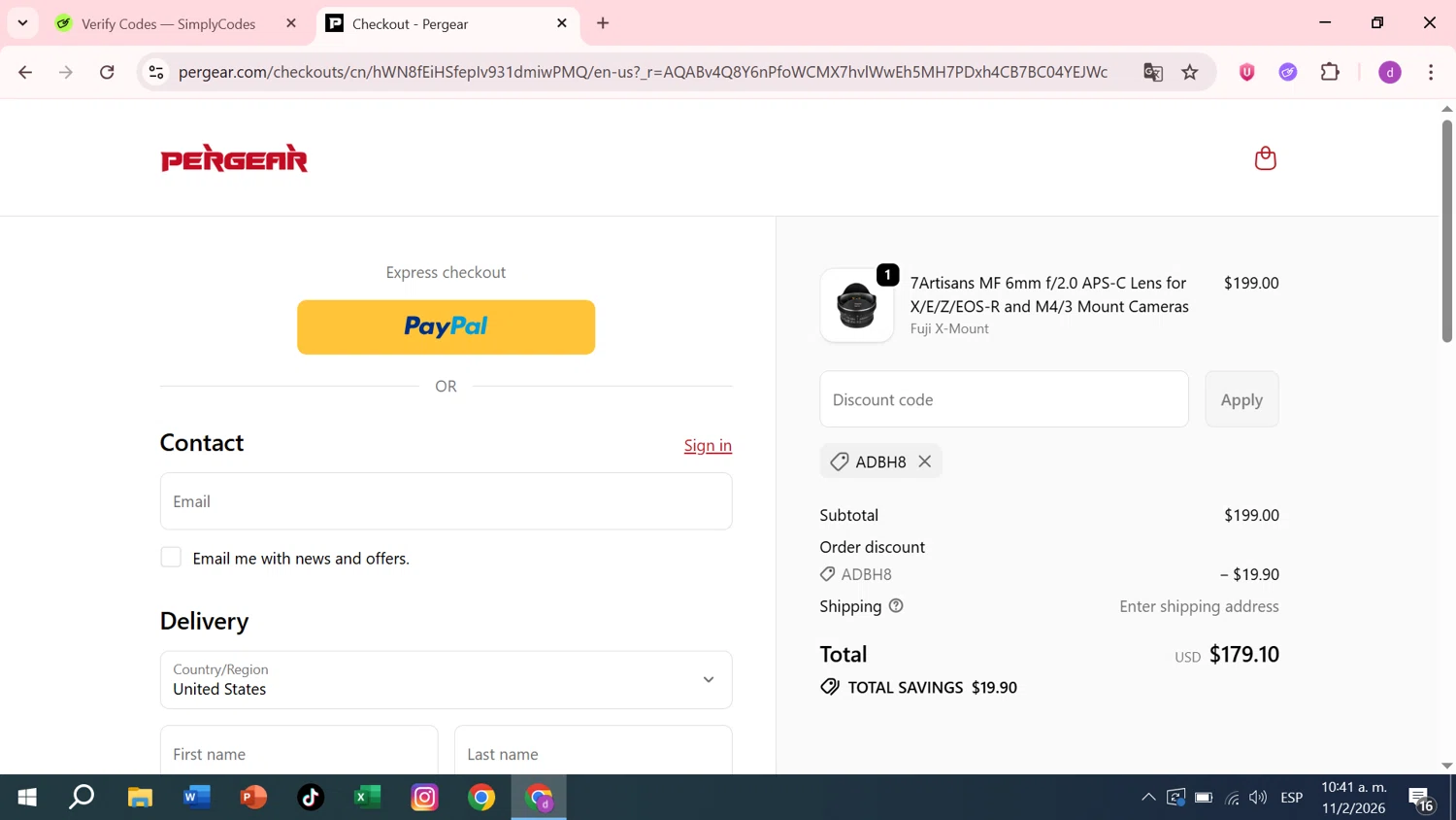 Pergear checkout page showing Pergear discount code box | Screenshot taken by SimplyCodes community member on Feb 11, 2026