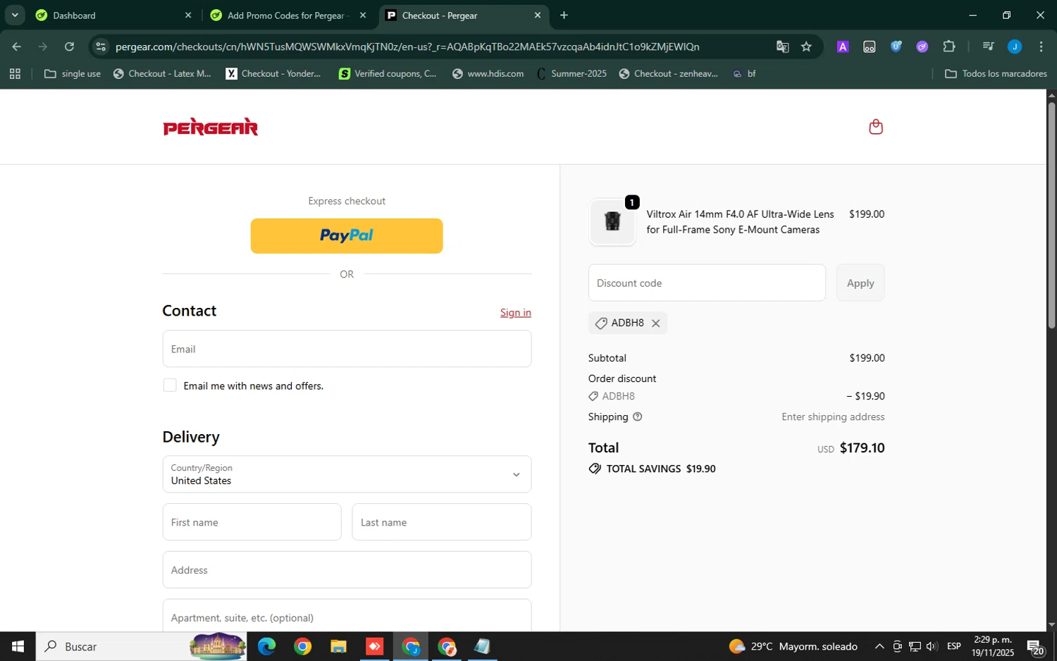 Pergear discount code screenshot showing code ADBH8 applied at Pergear checkout page. Uploaded by SimplyCodes community member ELVERGALARGA on Nov 19, 2025