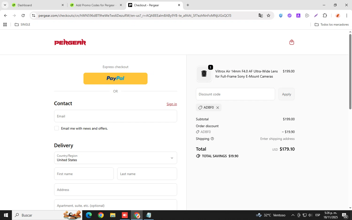 Pergear discount code screenshot showing code ADBF0 applied at Pergear checkout page. Uploaded by SimplyCodes community member donaldJtrump on Nov 18, 2025