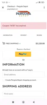Pergola Depot coupon verification screenshot