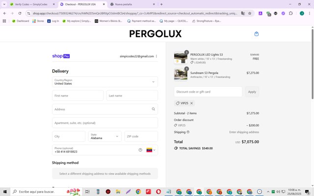 PERGOLUX checkout page showing PERGOLUX discount code box | Screenshot taken by SimplyCodes community member on Aug 25, 2025