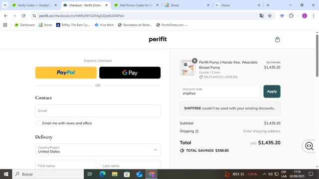 Perifit checkout page showing Perifit discount code box | Screenshot taken by SimplyCodes community member on Sep 2, 2025