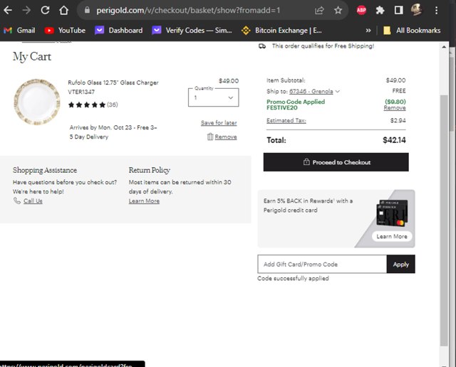 Perigold checkout page showing Perigold promo code box | Screenshot taken by SimplyCodes community member on Oct 19, 2023
