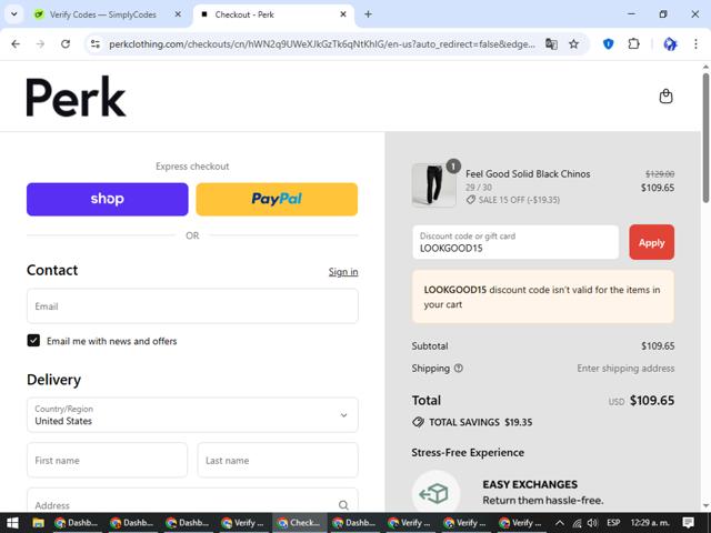 Perk Clothing checkout page showing Perk Clothing discount code box | Screenshot taken by SimplyCodes community member on Sep 11, 2025