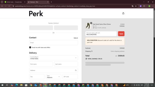 Perk Clothing checkout page showing Perk Clothing discount code box | Screenshot taken by SimplyCodes community member on Sep 11, 2025