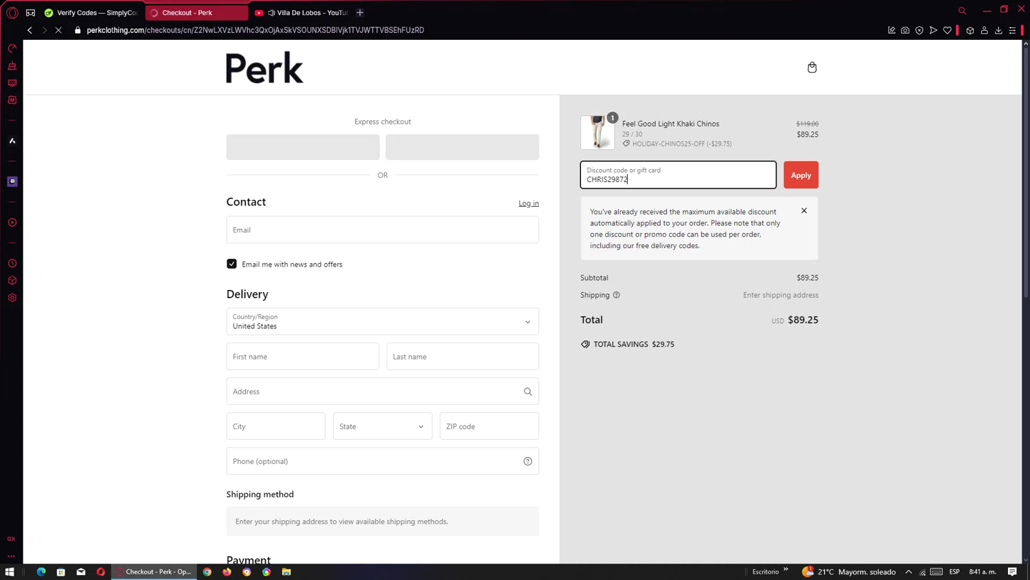 where to use Perk Clothing promo code box