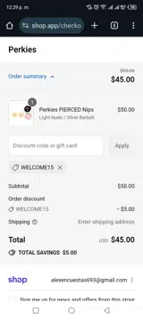 Welcome15 coupon verification screenshot