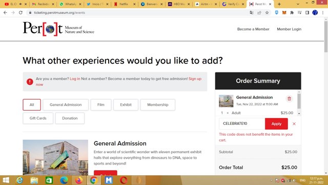 Perot Museum checkout page showing Perot Museum promo code box | Screenshot taken by SimplyCodes community member on Nov 21, 2022