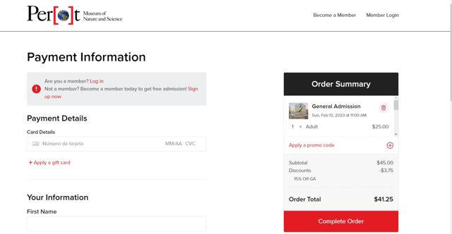 Perot Museum checkout page showing Perot Museum promo code box | Screenshot taken by SimplyCodes community member on Feb 9, 2023