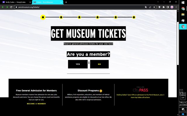 Perot Museum checkout page showing Perot Museum promo code box | Screenshot taken by SimplyCodes community member on Jul 22, 2023