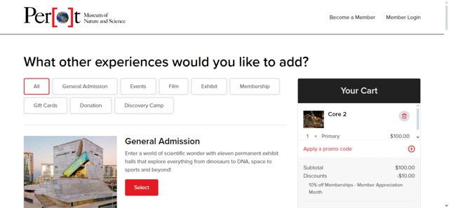 Perot Museum checkout page showing Perot Museum promo code box | Screenshot taken by SimplyCodes community member on Jun 27, 2024