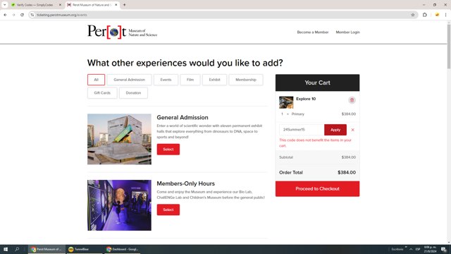 Perot Museum checkout page showing Perot Museum promo code box | Screenshot taken by SimplyCodes community member on Aug 21, 2024