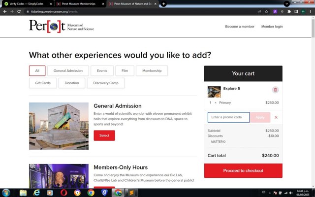 Perot Museum checkout page showing Perot Museum promo code box | Screenshot taken by SimplyCodes community member on Feb 6, 2025