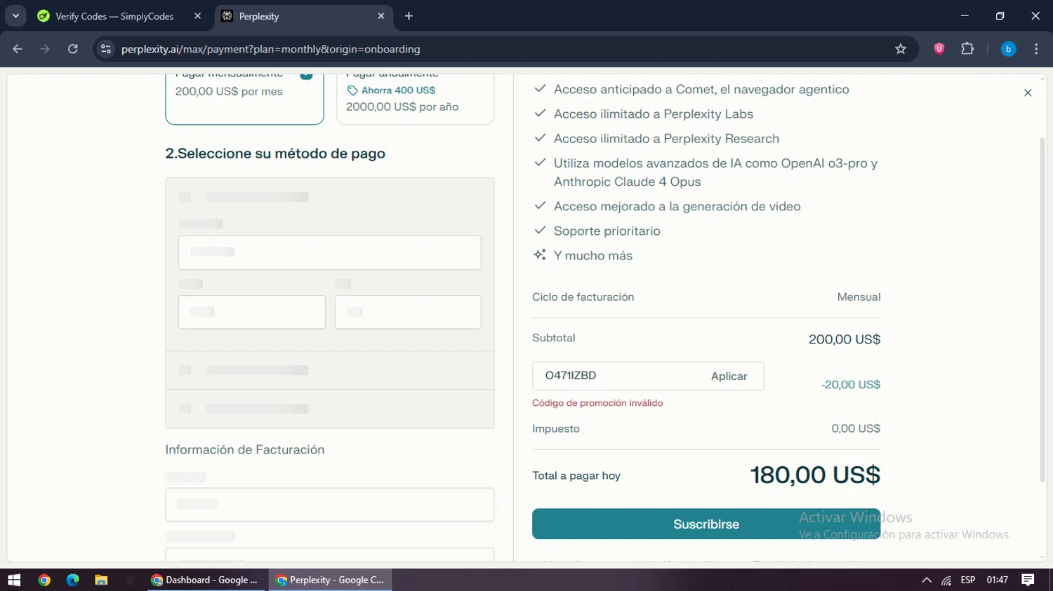 Perplexity promo code screenshot showing code O471IZBD applied at Perplexity checkout page. Uploaded by SimplyCodes community member bilijr on Aug 29, 2025