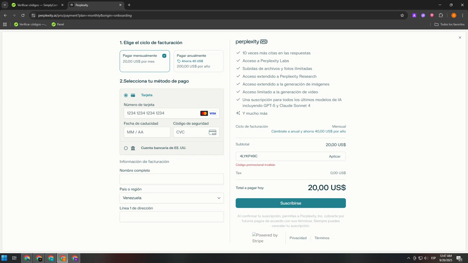 Perplexity promo code screenshot showing code 4LYKP49C applied at Perplexity checkout page. Uploaded by SimplyCodes community member MangoFC on Sep 20, 2025