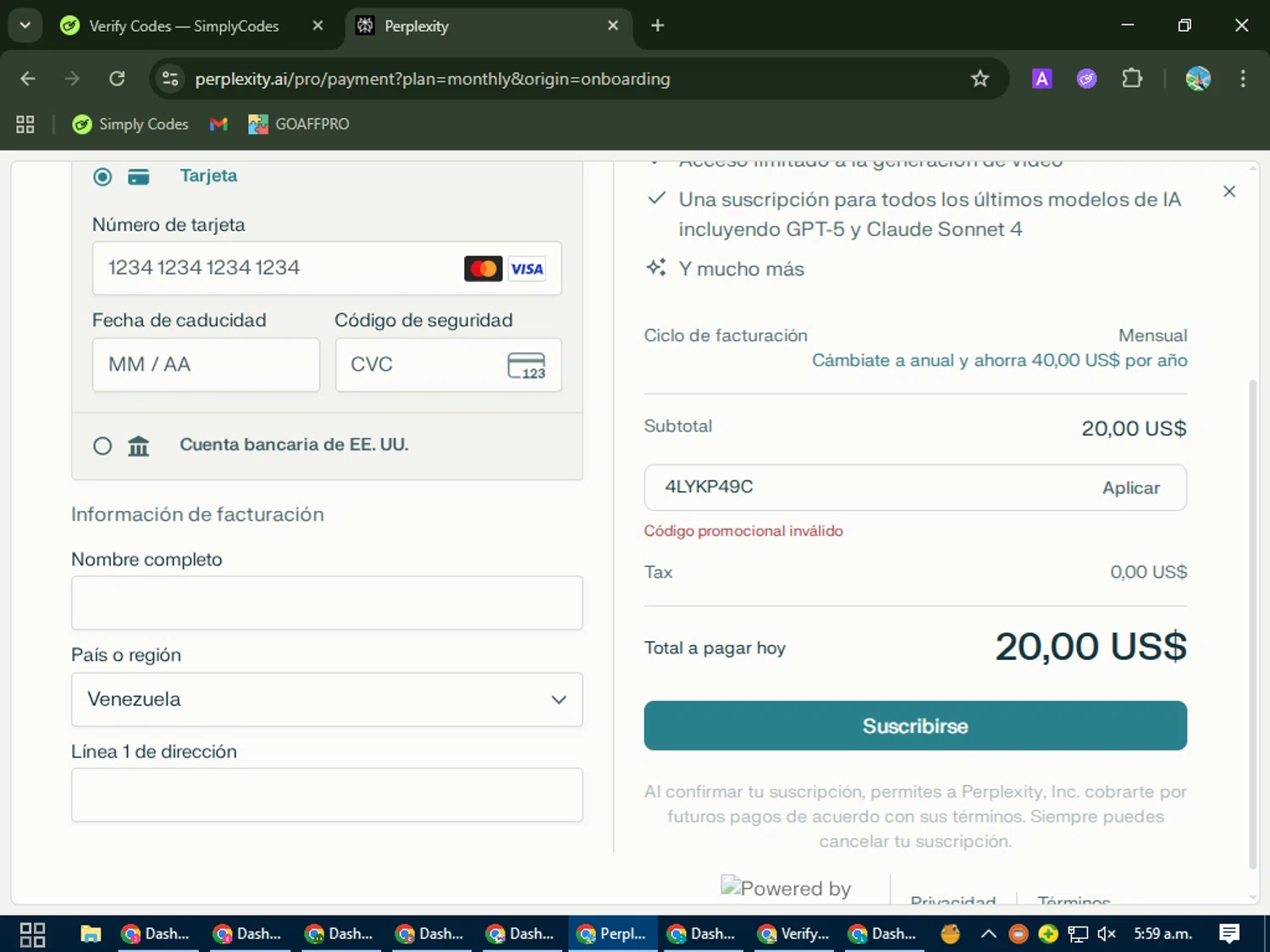 Perplexity promo code screenshot showing code 4LYKP49C applied at Perplexity checkout page. Uploaded by SimplyCodes community member ShrewdSpotter4101 on Sep 20, 2025