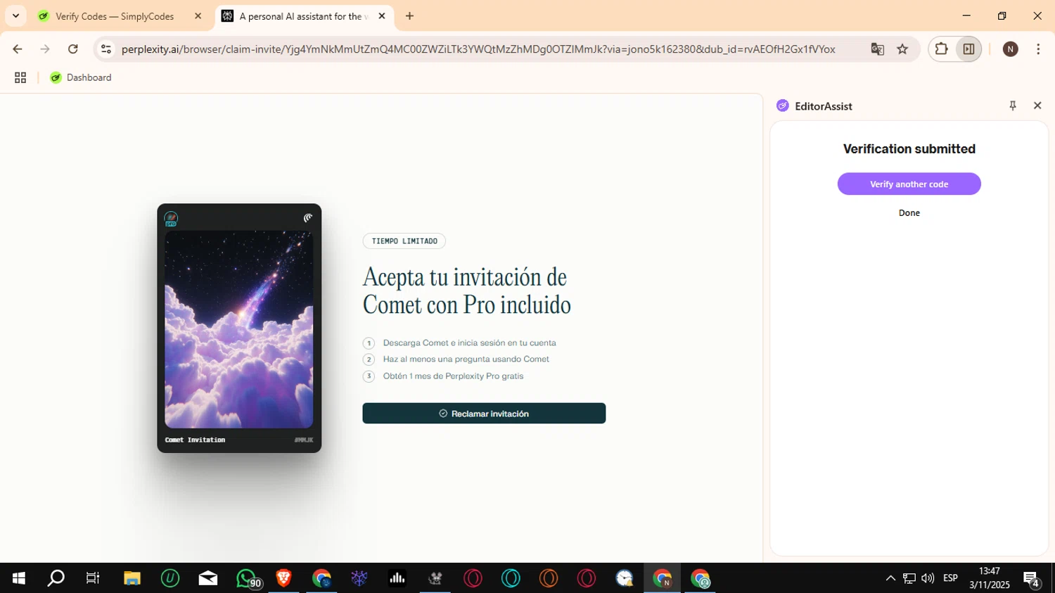 Perplexity checkout page showing Perplexity promo code box | Screenshot taken by SimplyCodes community member on Nov 3, 2025