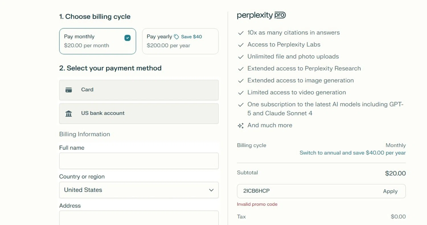 Perplexity promo code screenshot showing code 2ICB6HCP applied at Perplexity checkout page. Uploaded by SimplyCodes community member swiftie on Dec 11, 2025