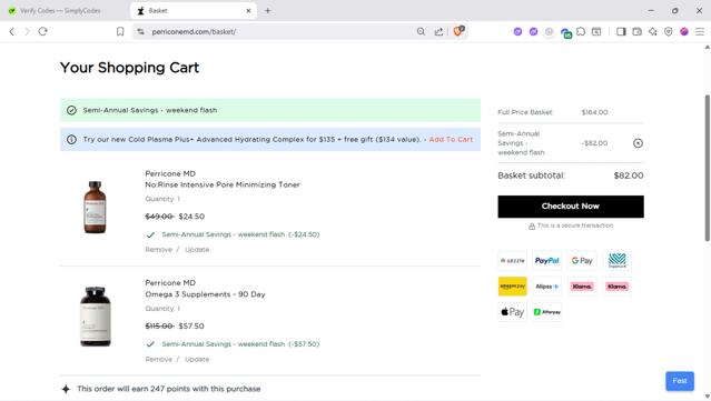 Perricone MD checkout page showing Perricone MD coupon code box | Screenshot taken by SimplyCodes community member on Aug 23, 2025