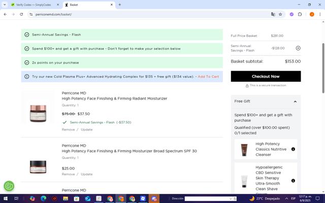 Perricone MD checkout page showing Perricone MD coupon code box | Screenshot taken by SimplyCodes community member on Sep 6, 2025