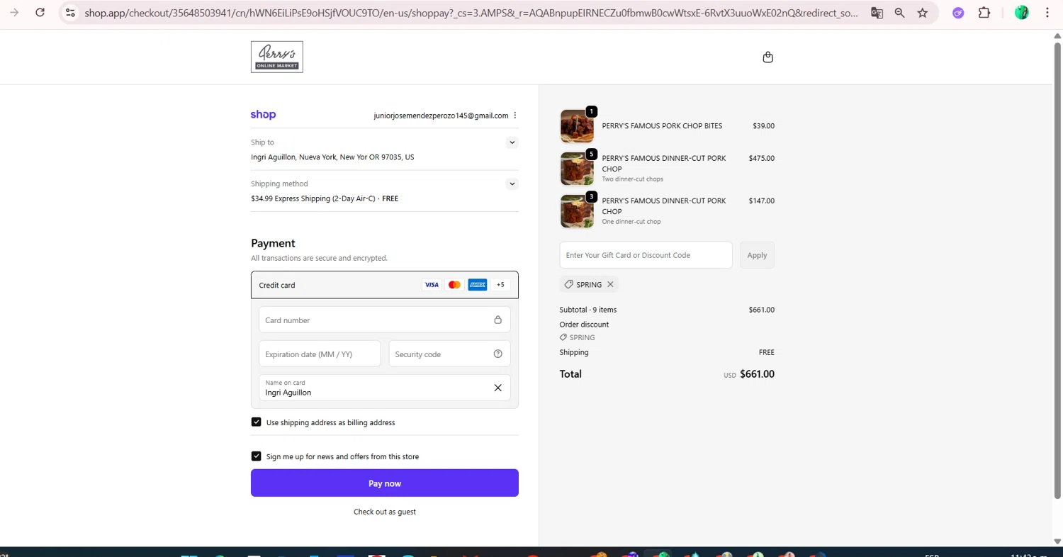 Perry's Steakhouse promo code screenshot showing code SPRING applied at Perry's Steakhouse checkout page. Uploaded by SimplyCodes community member FortunateMaven5954 on Dec 9, 2025
