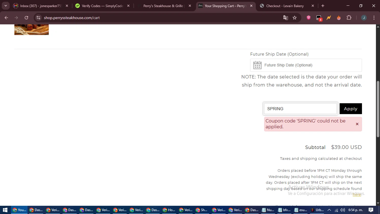 Perry's Steakhouse promo code screenshot showing code SPRING applied at Perry's Steakhouse checkout page. Uploaded by SimplyCodes community member ScanLynx8928 on Jul 7, 2025