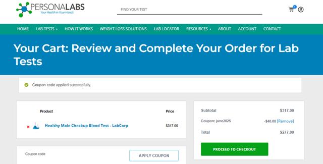 PersonaLabs checkout page showing PersonaLabs coupon code box | Screenshot taken by SimplyCodes community member on Aug 16, 2025